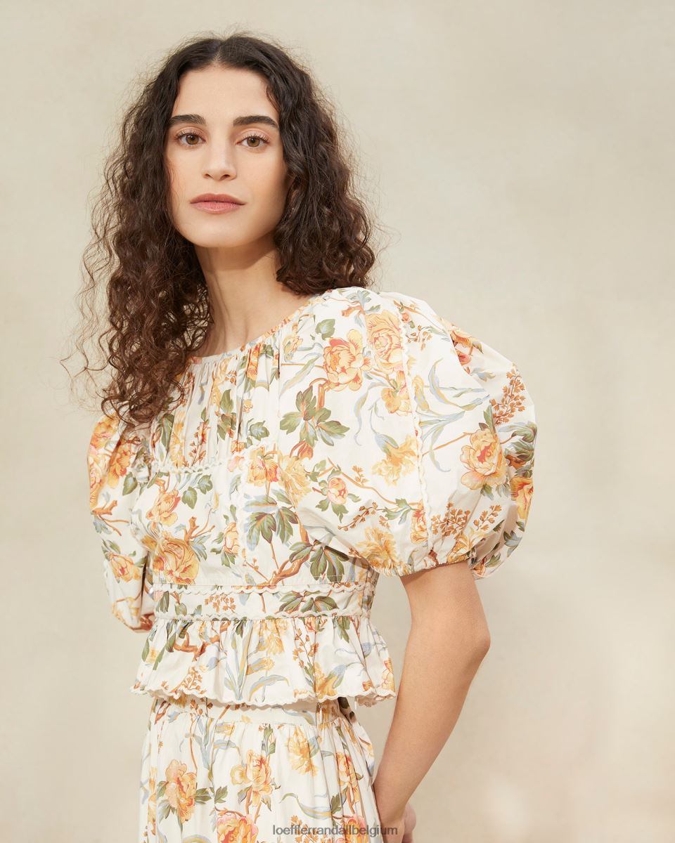 vêtements Loeffler Randall anna - haut à basque et manches bouffantes crème botanique florale femmes 04V42L206