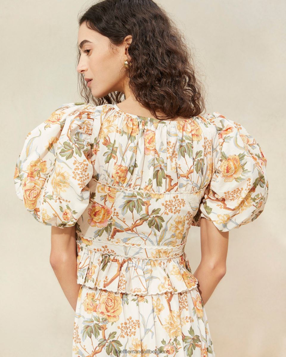 vêtements Loeffler Randall anna - haut à basque et manches bouffantes crème botanique florale femmes 04V42L206