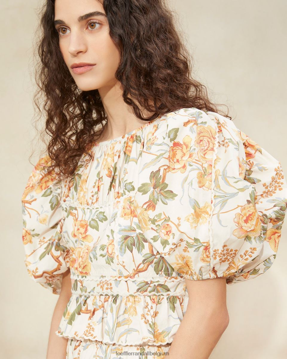 vêtements Loeffler Randall anna - haut à basque et manches bouffantes crème botanique florale femmes 04V42L206