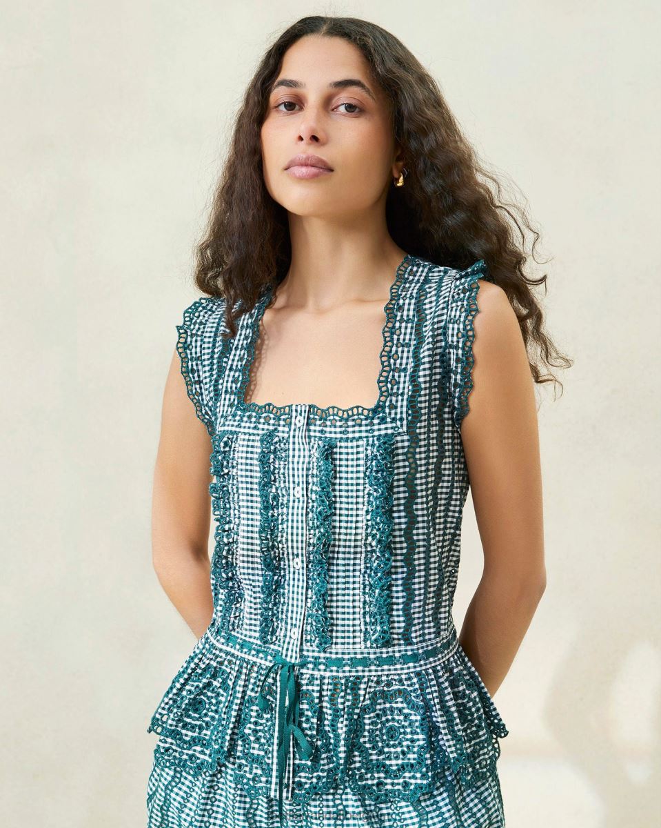 vêtements Loeffler Randall blouse festonnée arden mini vichy vert femmes 04V42L204