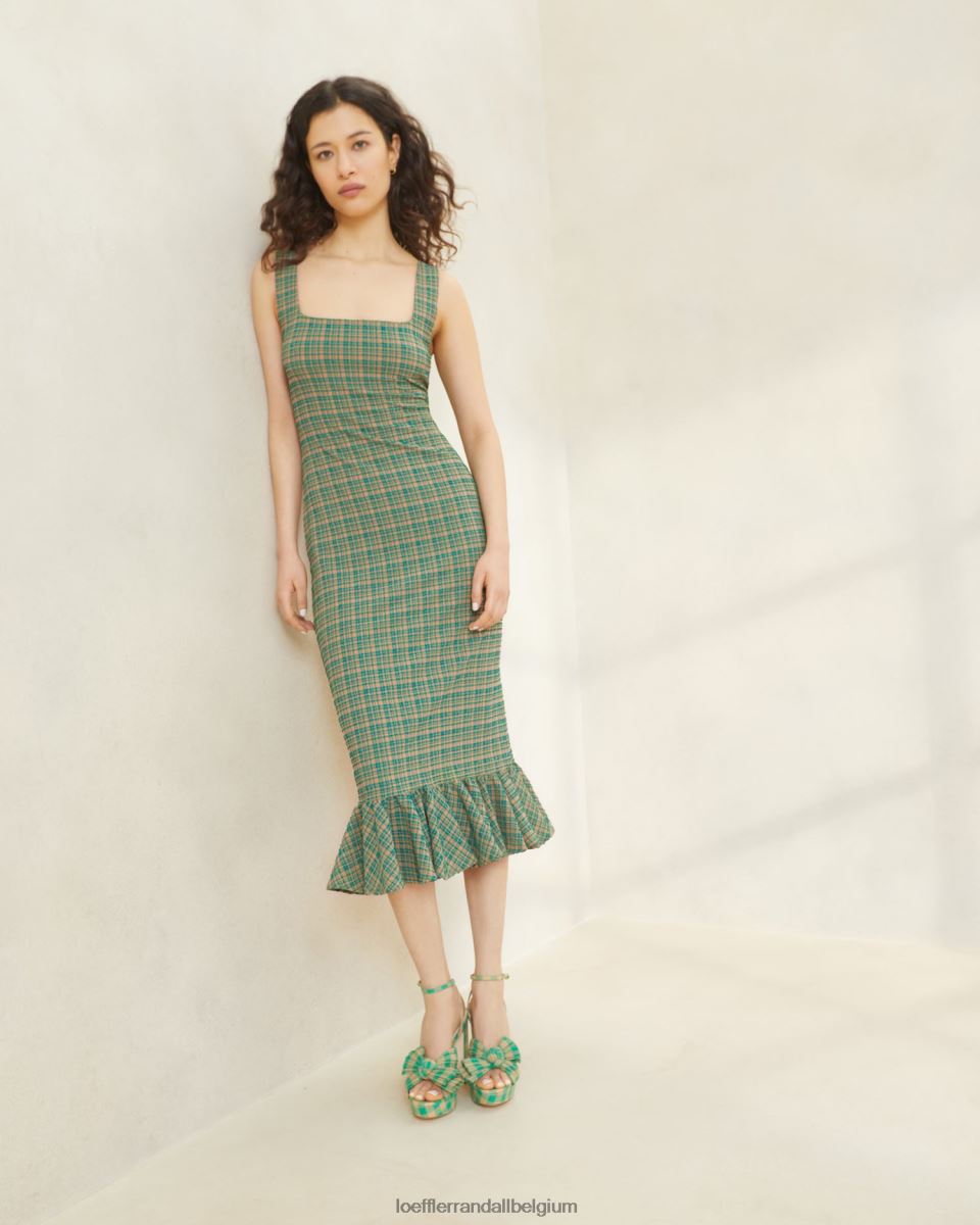 vêtements Loeffler Randall robe débardeur à ourlet volanté yessica plaid vert/caramel au beurre femmes 04V42L188