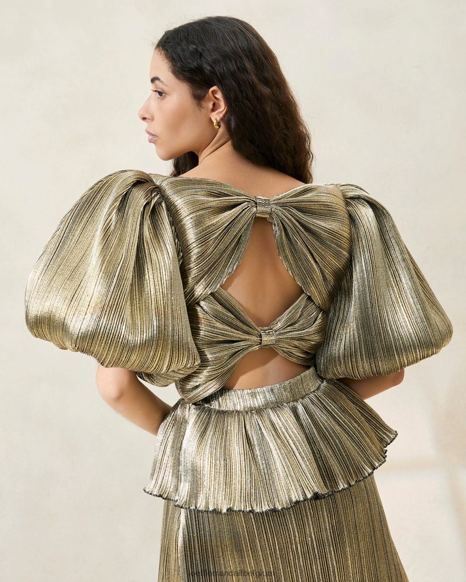 vêtements Loeffler Randall robe plissée à manches bouffantes dorit or foncé femmes 04V42L194